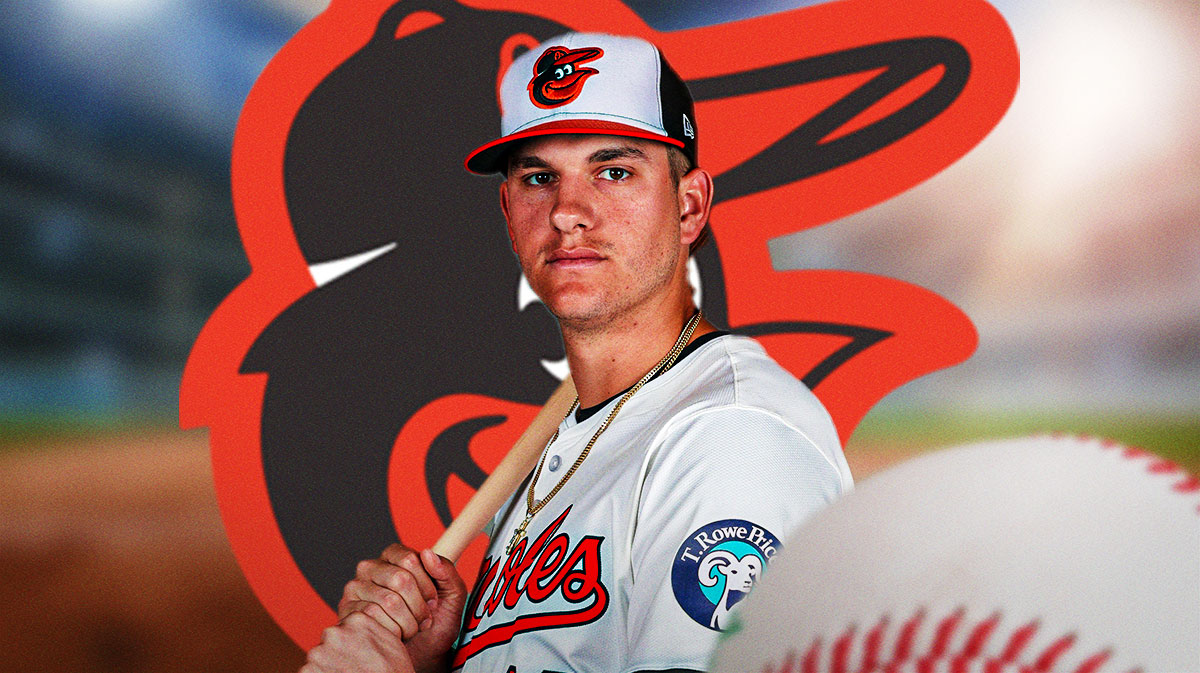 Orioles prospect Coby Mayo with Orioles logo behind him