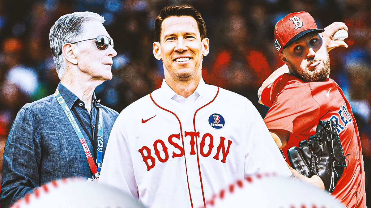 Boston Red Sox owner John Henry on left side, Boston Red Sox starting pitcher Garrett Crochet pitching in center (with dollar bill signs on his eyes), Boston Red Sox chief baseball officer Craig Breslow talking and/or on phone on right side, Fenway Park (home stadium of the Boston Red Sox) in background