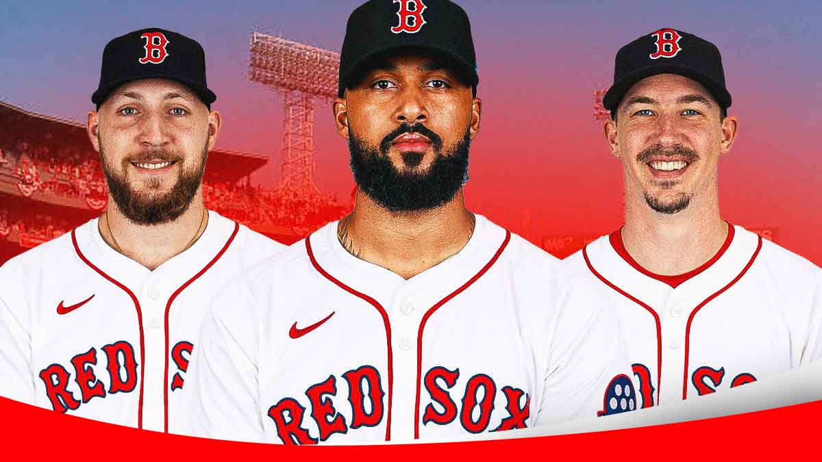 Miami Marlins starting pitcher Sandy Alcantara with jersey swap to Boston Red Sox in center, Boston Red Sox starting pitcher Garrett Crochet on left side, Boston Red Sox starting pitcher Walker Buehler on right side, Fenway Park (home field of the Boston Red Sox) in background
