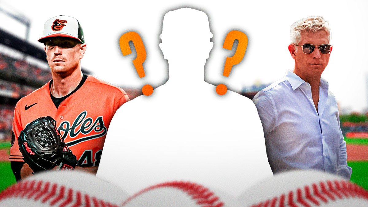 Baltimore Orioles starting pitcher Kyle Gibson (jersey swap to Baltimore Orioles) on left side, blank player silhouette with question marks in center, Baltimore Orioles general manager Mike Elias talking and/or on phone on right side, Oriole Park at Camden Yards (home stadium of the Baltimore Orioles) in background