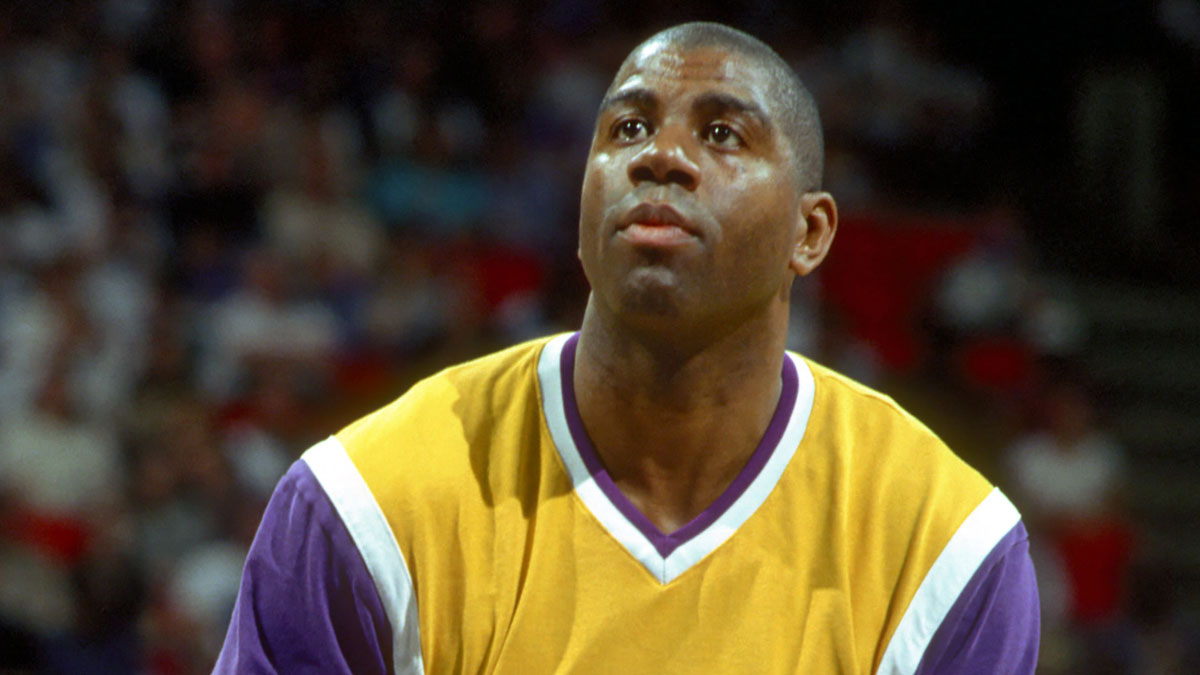 Los Angeles Lakers guard Magic Johnson prior to the game against the Orlando Magic during the 1996 seasonat the Orlando Arena.