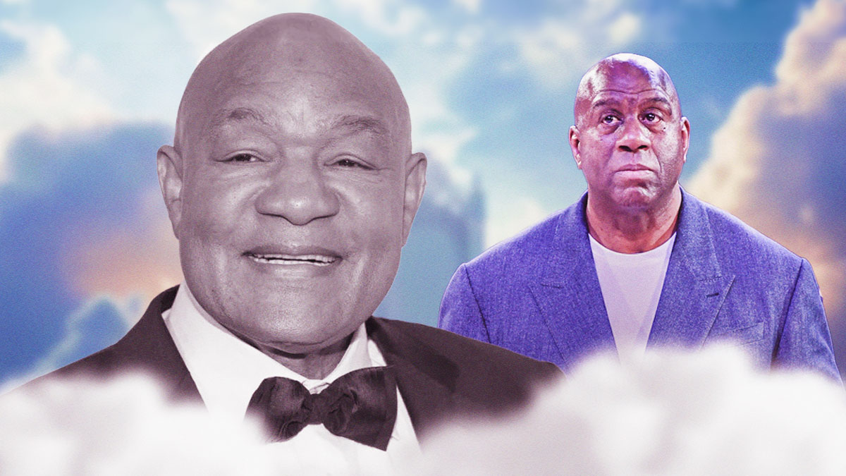Magic Johnson looking sad beside black and white cutout of George Foreman.