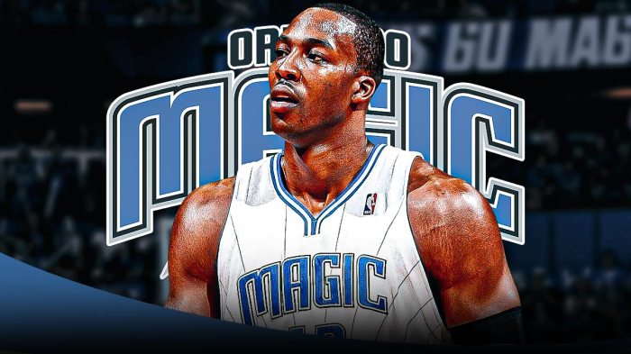 Dwight Howard in Magic gear. Magic logo in the background.