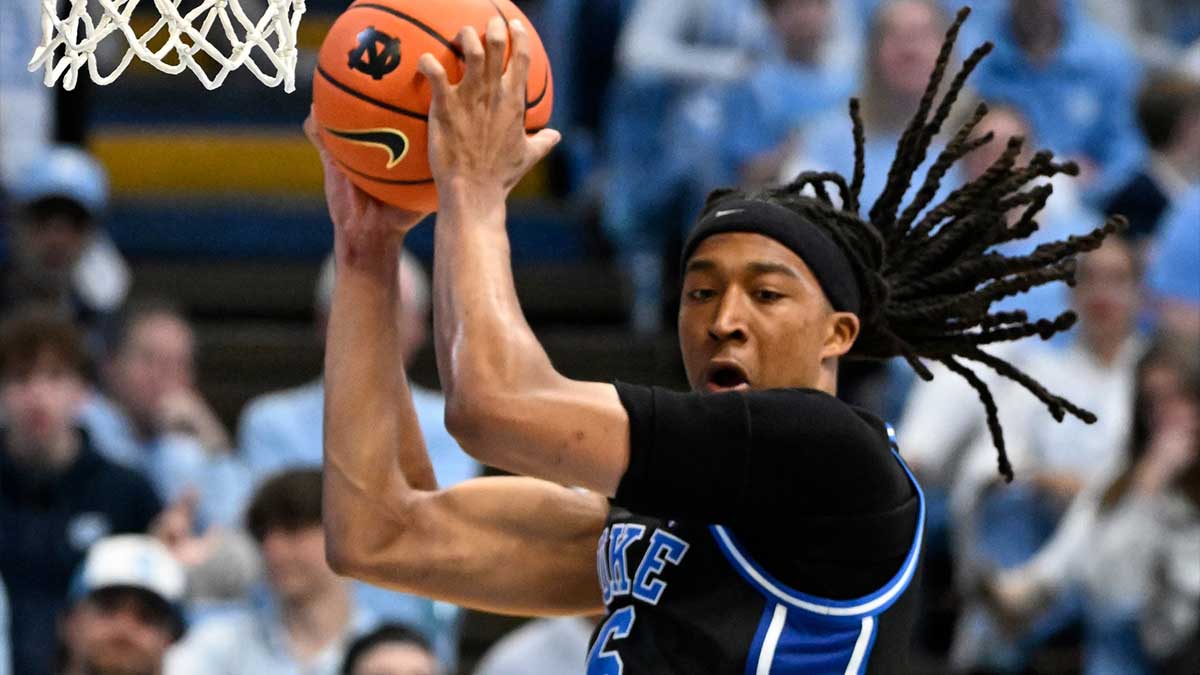 Mar 8, 2025; Chapel Hill, North Carolina, USA; Duke Blue Devils forward Maliq Brown (6) grabs a rebound in the second half at Dean E. Smith Center.