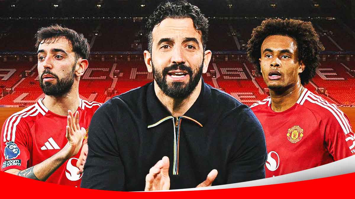 Photo: Bruno Fernandes, Ruben Amorim, Joshua Zirkzee in front of Old Trafford in Manchester United gear