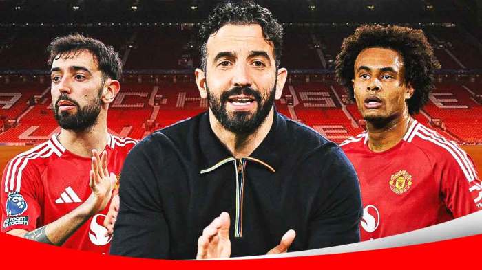 Photo: Bruno Fernandes, Ruben Amorim, Joshua Zirkzee in front of Old Trafford in Manchester United gear