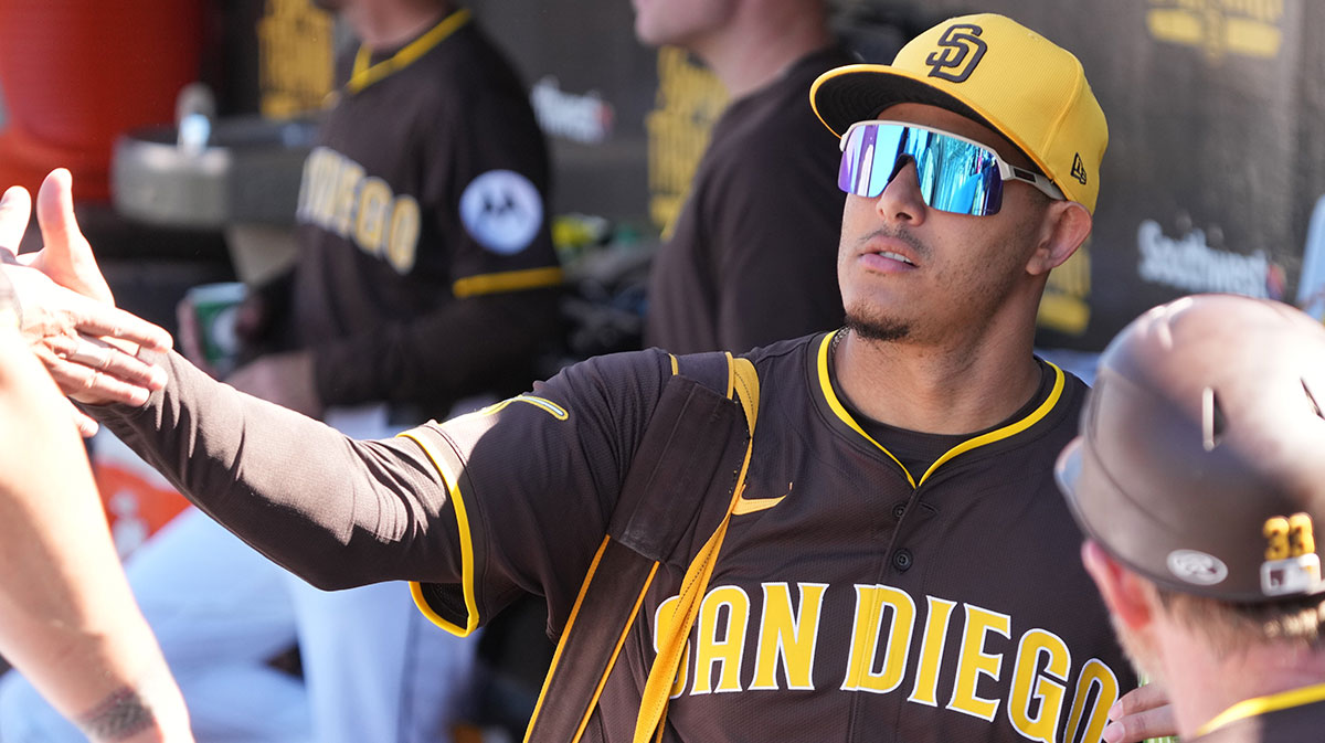 San Diego Padres third base Manny Machado (13) gets ready for a game against the Los Angeles Angels at Peoria Sports Complex.