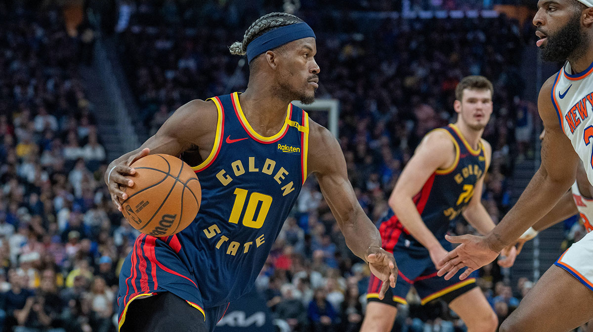 Golden State Warriors forward Jimmy Butler III (10) drives to the net against the New York Knicks during the fourth quarter at Chase Center.