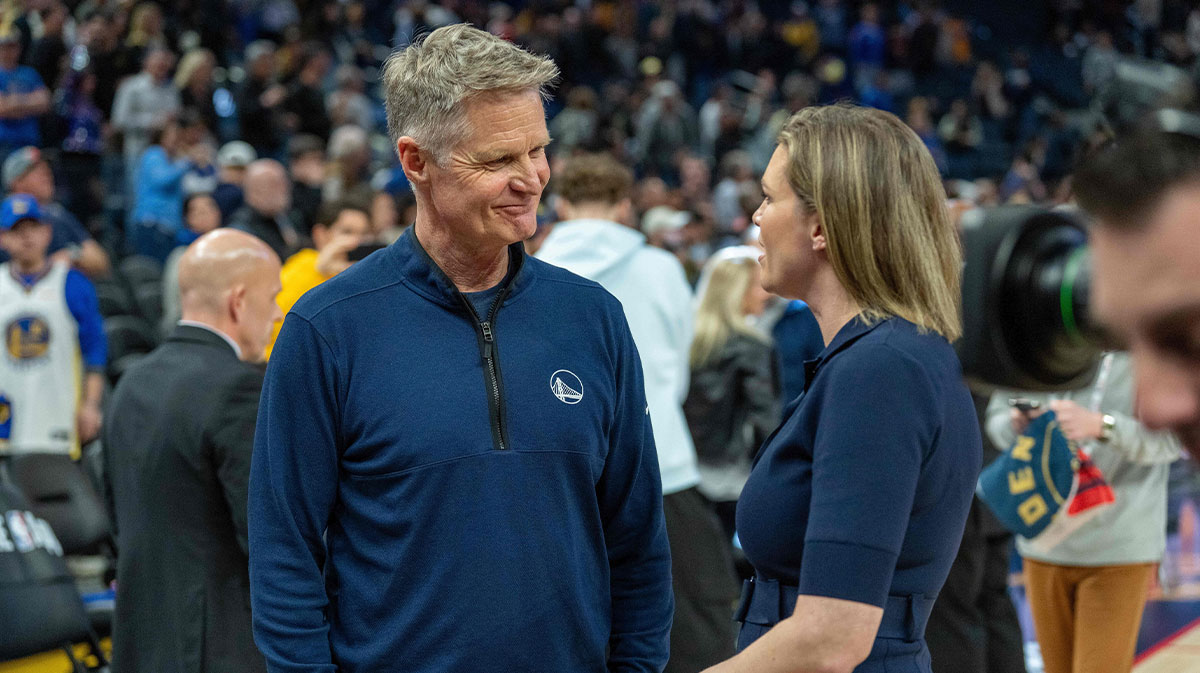 Golden State Warriors head coach Steve Kerr is interviewed after the game for being the winningest Golden State Warriors coach after the game against the New York Knicks at Chase Center.