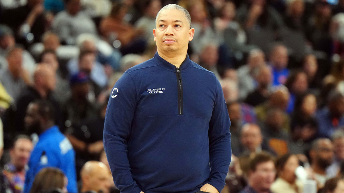 LA Clippers coach Tyronn Lue reacts against the New York Knicks in the second half at Intuit Dome.