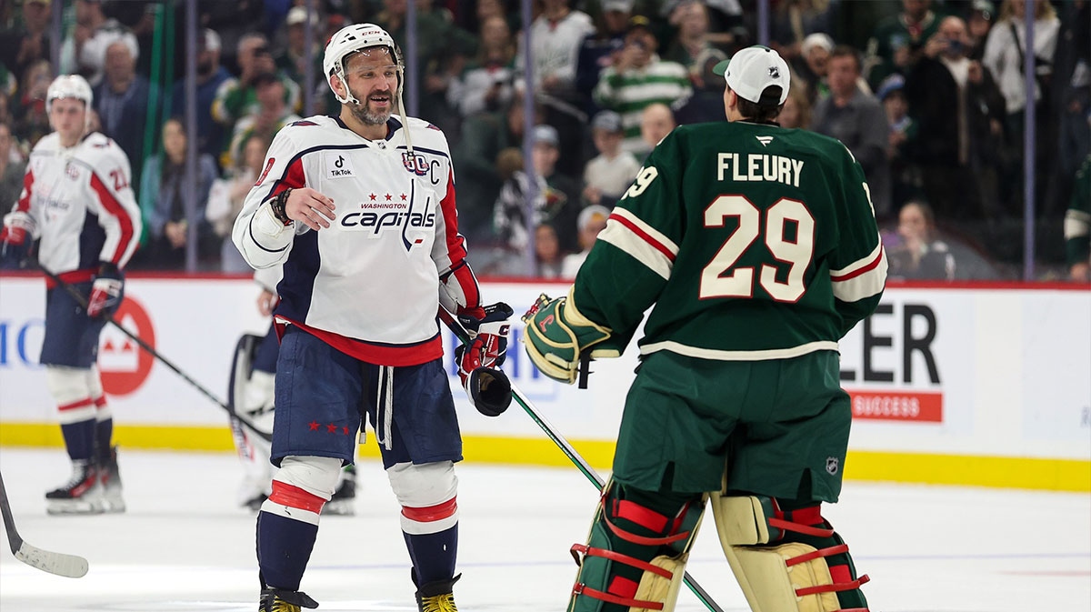 Mar 27, 2025; Saint Paul, Minnesota, USA; Washington Capitals left wing Alex Ovechkin (8) and Minnesota Wild goaltender Marc-Andre Fleury (29) shake hands after the game at Xcel Energy Center. Mandatory Credit: Matt Krohn-Imagn Images
