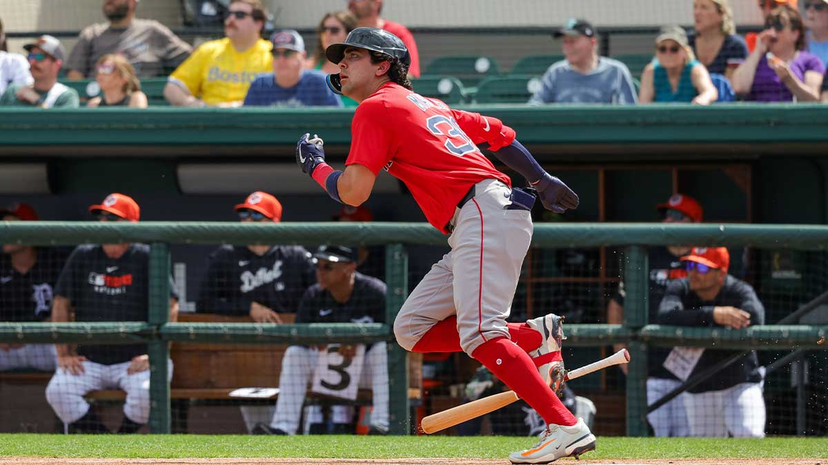 Boston Red Sox third baseman Marcelo Mayer (39) watches his fly ball during the first inning against the Detroit Tigers at Publix Field at Joker Marchant Stadium.