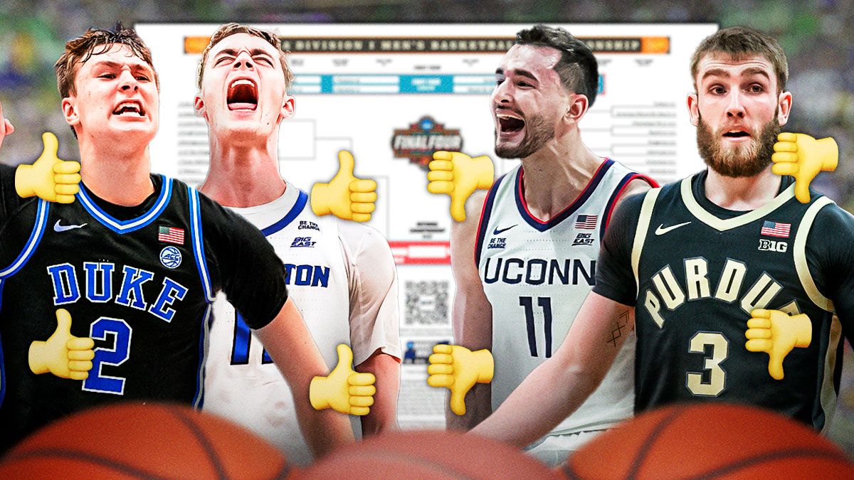 Background is March Madness bracket. On one side you've got Ryan Kalkbrenner and Cooper Flagg with thumbs up emojis by them. On other side is Alex Karaban and Braden Smith with thumbs down emojis by them.