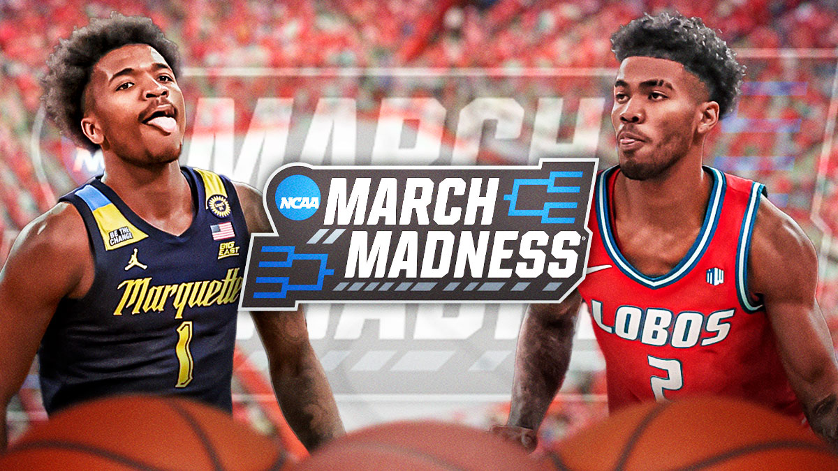 March Madness logo in the middle with New Mexico guard Donovan Dent on one side and Marquette guard Kam Jones on the other