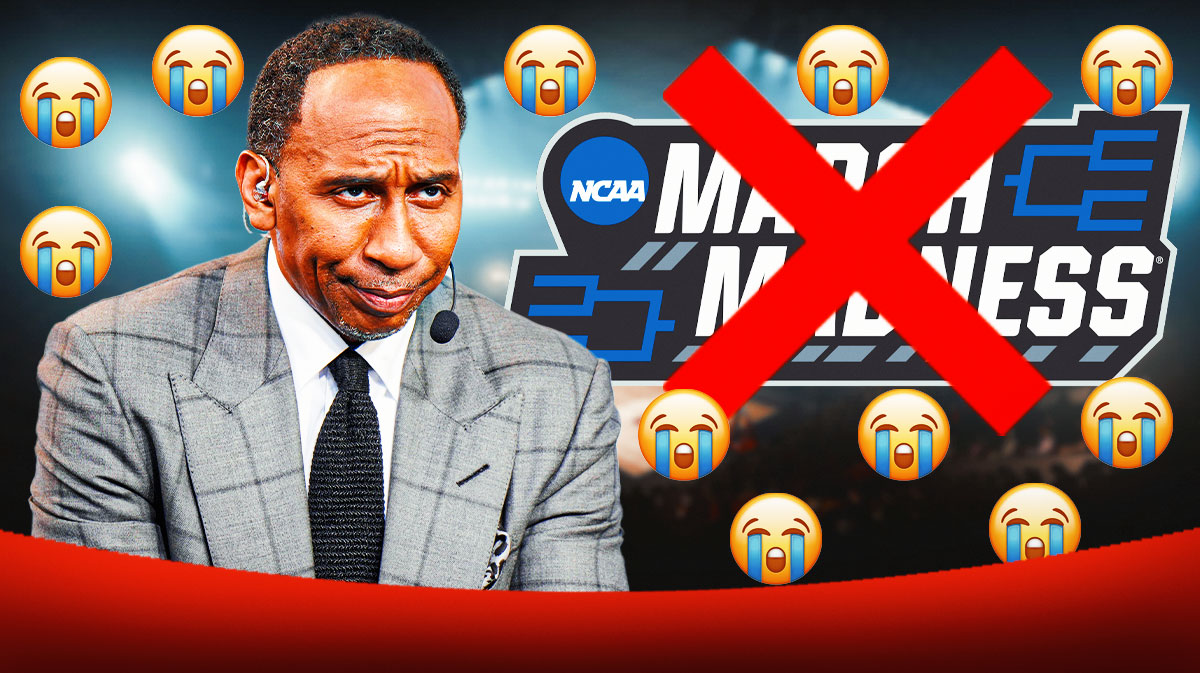 Stephen A Smith with crying emojis around him, and the March Madness logo with a red X going through it.