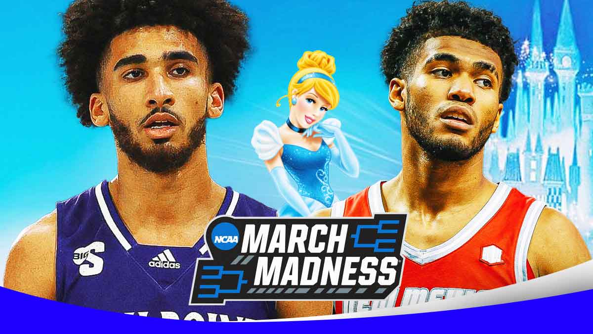 Kezza Giffa (High Point) and Donovan Dent (New Mexico) together with Cinderella the princess on the graphic as well as Cinderella themed stuff (glass slipper, carriage, etc.) March Madness logo front and center.