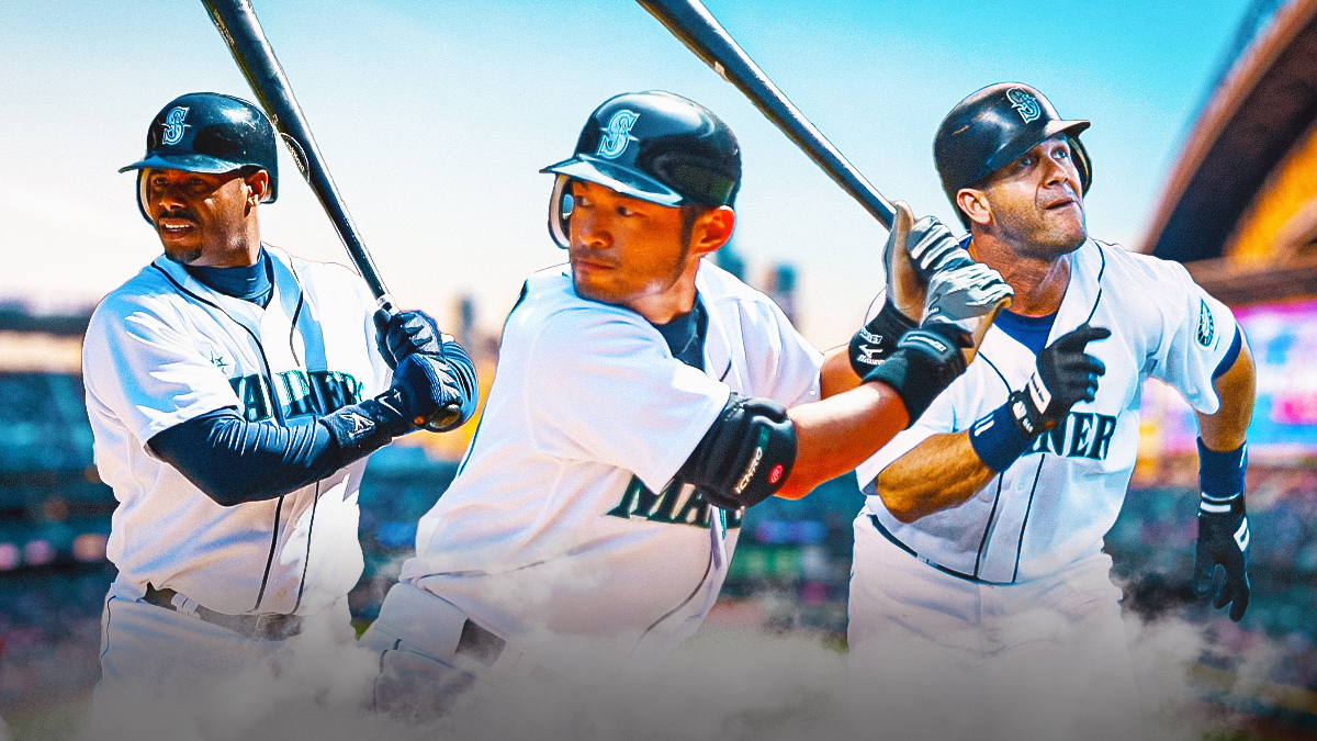Ken Griffey Jr, Ichiro Suzuki, and Edgar Martinez together in Mariners jerseys