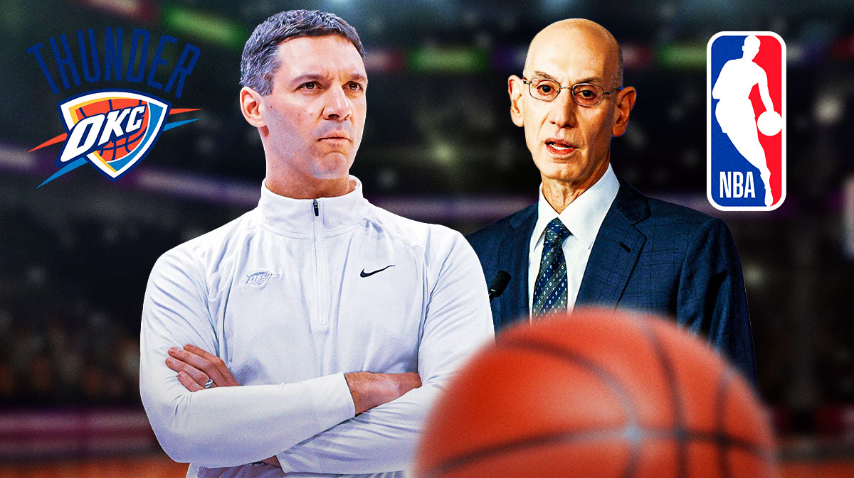 Thunder head coach Mark Daigneault next to NBA commissioner Adam Silver with the Thunder and NBA logos in the background