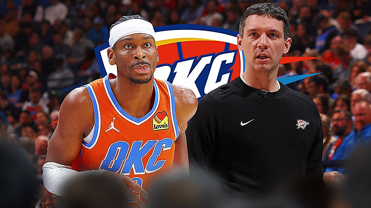 Thunder All-Star Shai Gilgeous-Alexander next to Thunder head coach Mark Daigneault with the Thunder logo in the background