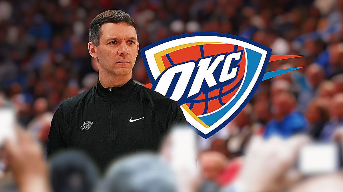 Thunder head coach Mark Daigneault next to the Thunder logo with the Oklahoma City skyline in the background Thunder 60 wins
