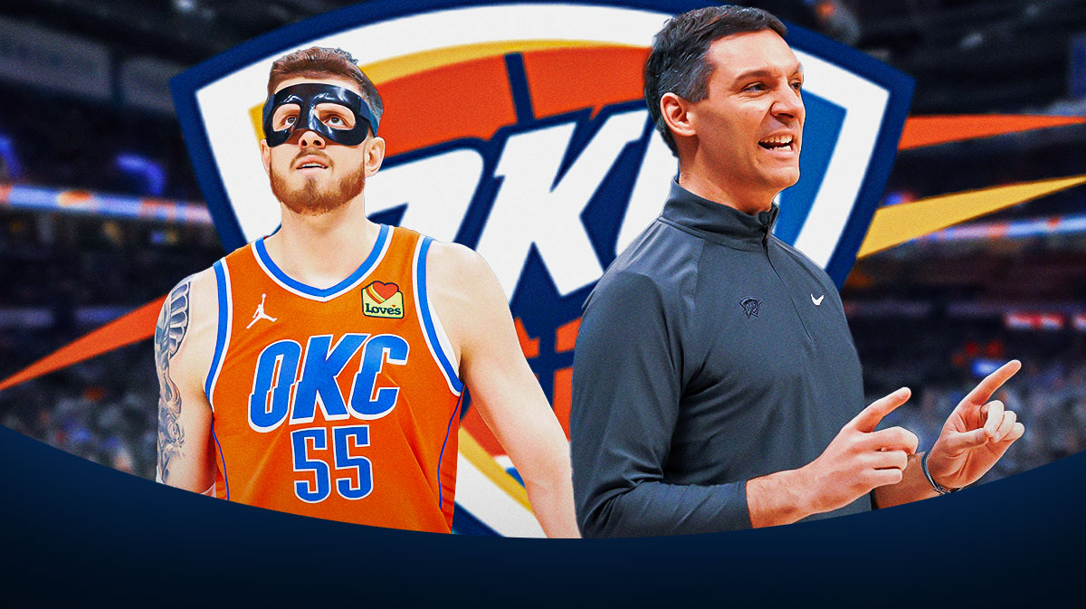 Thunder head coach Mark Daigneault next to Thunder center Isaiah Hartenstein with the Thunder logo in the background