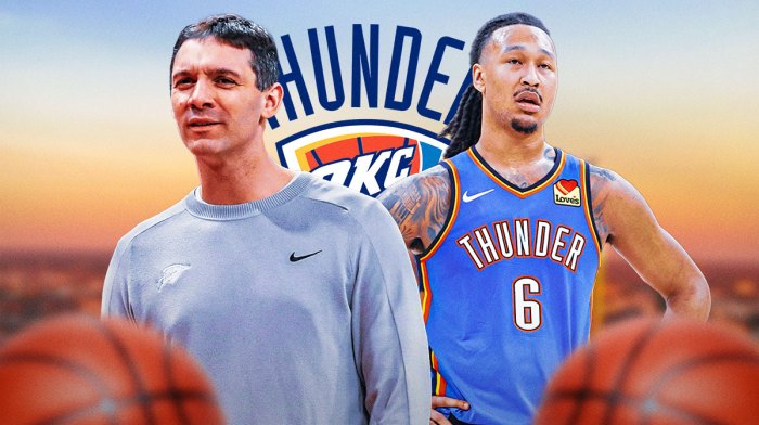 Thunder head coach Mark Daigneault next to Thunder center Jaylin Williams with the Thunder logo in the background