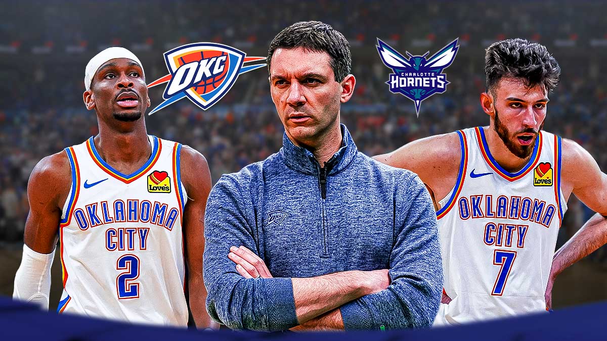 Thunder head coach Mark Daigneault next to Thunder All-Star Shai Gilgeous-Alexander and Thunder forward Chet Holmgren with the Thunder and Hornets logos in the background