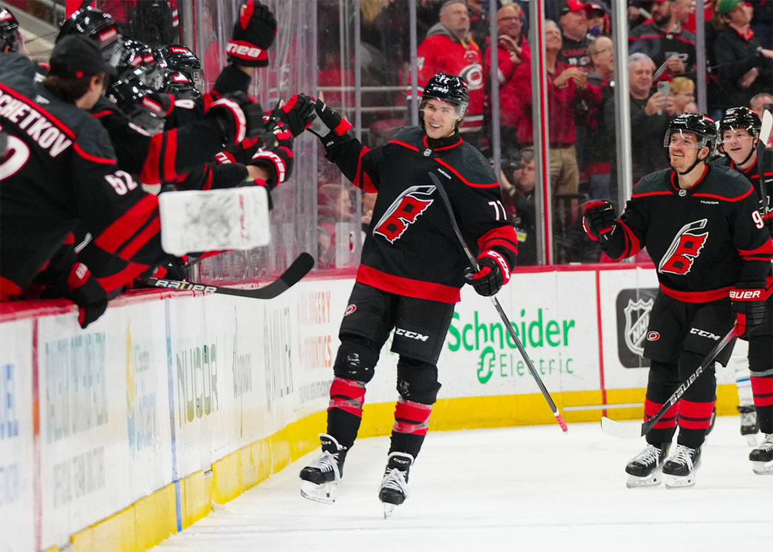 Carolina Hurricanes center Mark Jankowski (77) celebrates his goal against the Winnipeg Jets during the second period at Lenovo Center.