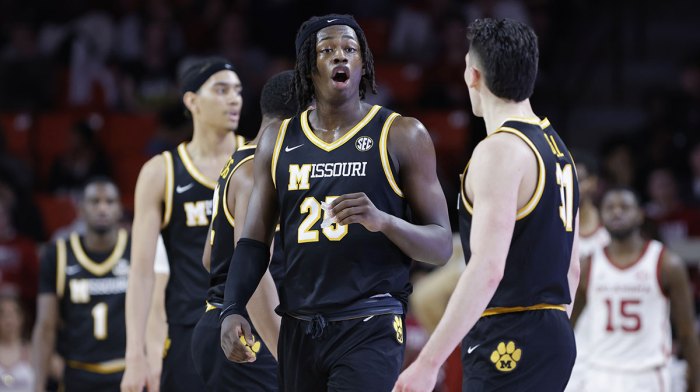 Mar 5, 2025; Norman, Oklahoma, USA; Missouri Tigers guard Mark Mitchell (25) reacts after a play against the Oklahoma Sooners during the second half at Lloyd Noble Center.