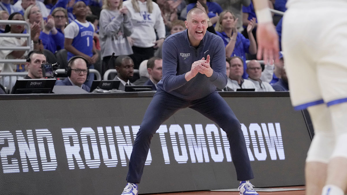 Kentucky head coach Mark Pope is shown during the second half of their second round NCAA men’ s basketball tournament game Sunday, March 23, 2025 at Fiserv Forum in Milwaukee, Wisconsin. Kentu