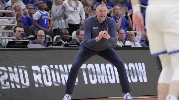 Kentucky head coach Mark Pope is shown during the second half of their second round NCAA men’ s basketball tournament game Sunday, March 23, 2025 at Fiserv Forum in Milwaukee, Wisconsin. Kentu