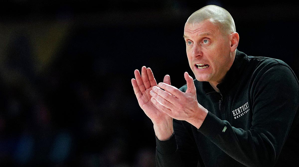 Mar 23, 2025; Milwaukee, WI, USA; Kentucky Wildcats head coach Mark Pope reacts during the second half in the second round of the NCAA Tournament against the Illinois Fighting Illini at Fiserv Forum.