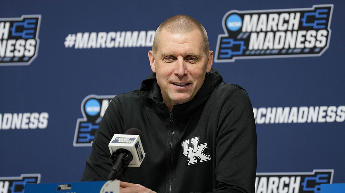 Kentucky Wildcats head coach Mark Pope speaks during an NCAA Tournament First Round Practice press conference at Fiserv Forum.