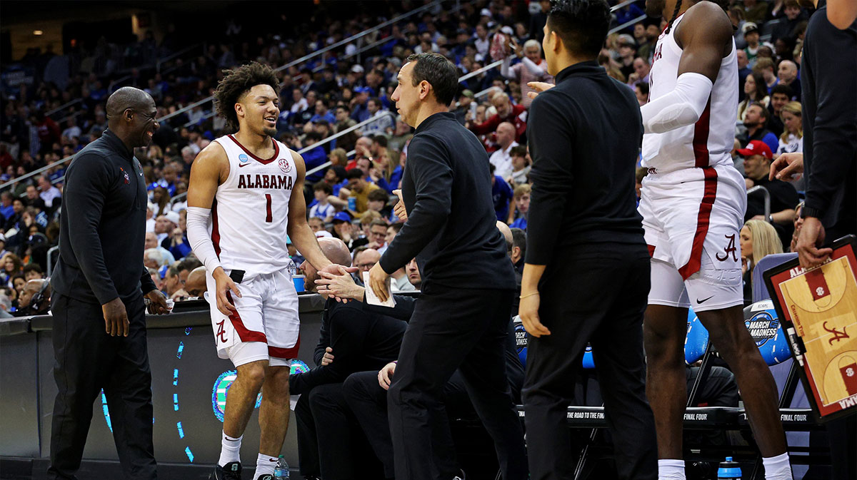 Mar 27, 2025; Newark, NJ, USA; Alabama Crimson Tide guard Mark Sears (1) celebrates with the bench during the second half against the Brigham Young Cougars during an East Regional semifinal of the 2025 NCAA tournament at Prudential Center.