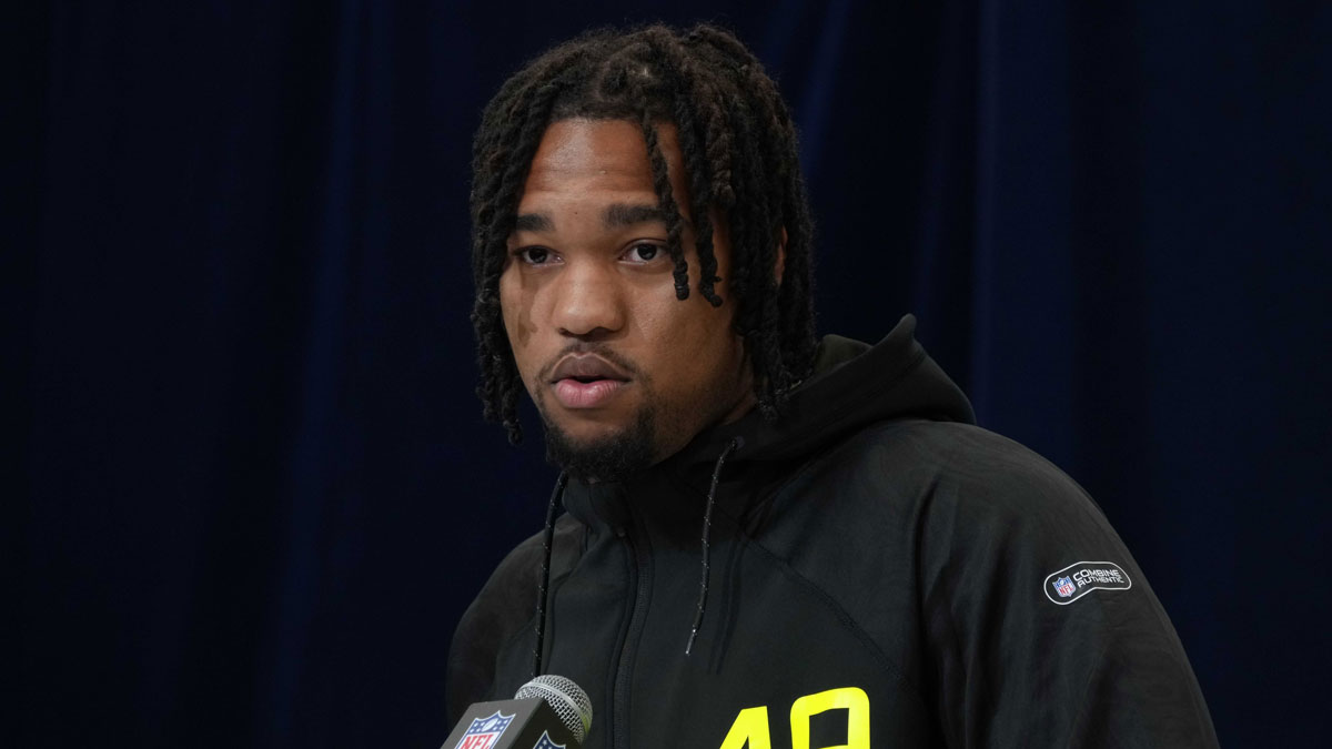 Marshall defensive lineman Mike Green (DL49) during the 2025 NFL Scouting Combine at the Indiana Convention Center.