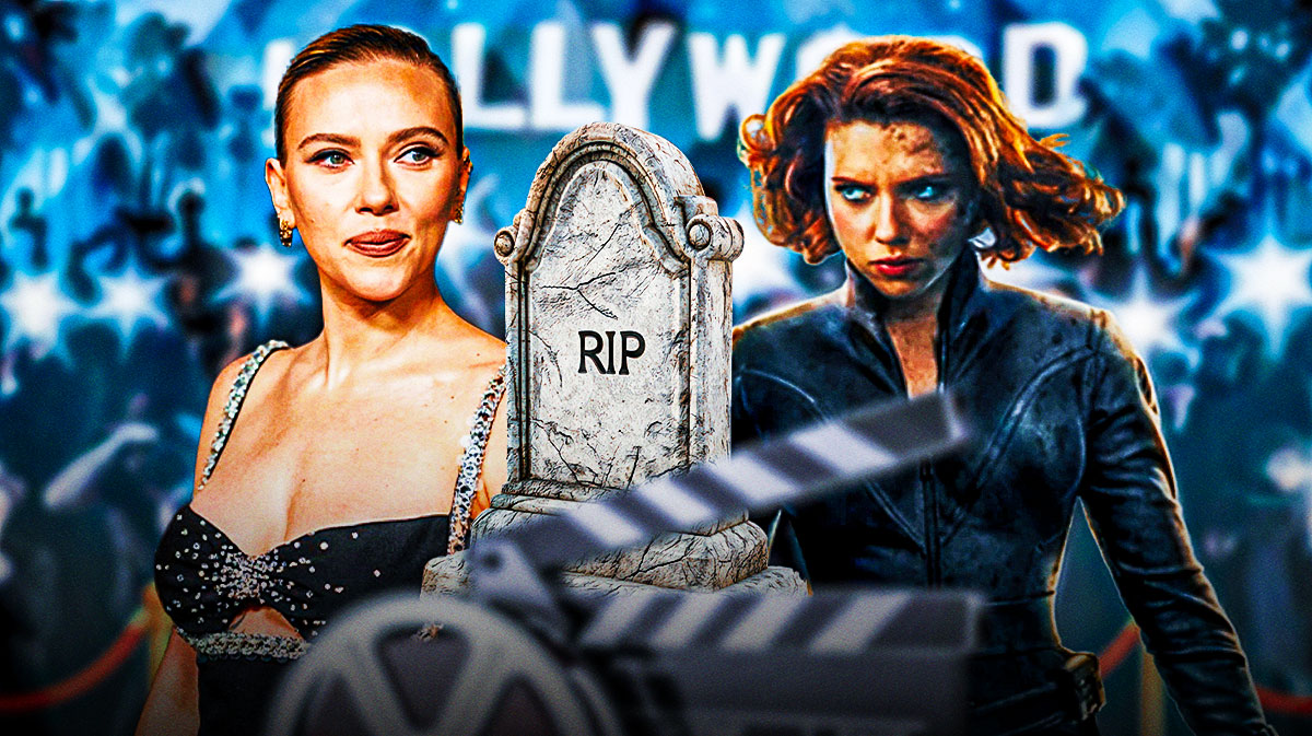 Scarlett Johansson next to Marvel's MCU Black Widow, who discussed her return, with tombstone.
