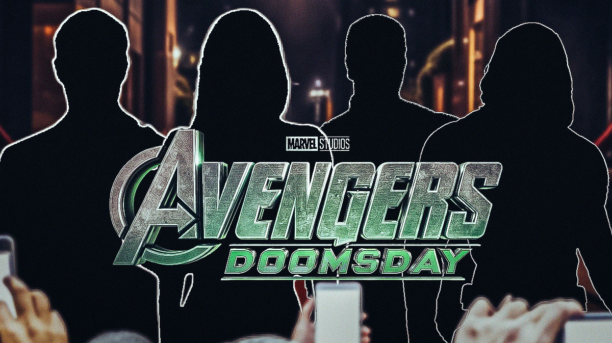 Marvel's Avengers: Doomsday logo with silhouettes of Chris Hemsworth Thor and Vanessa Kirby as Sue Storm, Anthony Mackie as Captain America, and Sebastian Stan as the Winter Soldier.