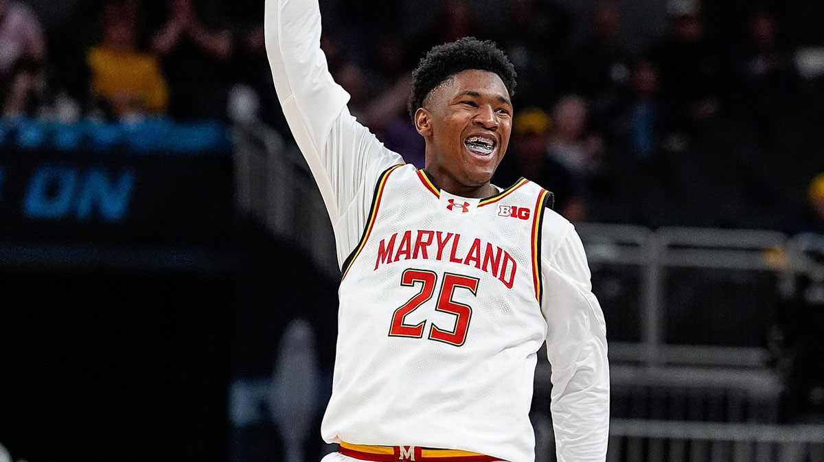 Maryland center Derik Queen (25) celebrates a play against Michigan during the second half of Big Ten Tournament semifinal at Gainbridge Fieldhouse in Indianapolis, Ind. on Saturday, March 15, 2025. 