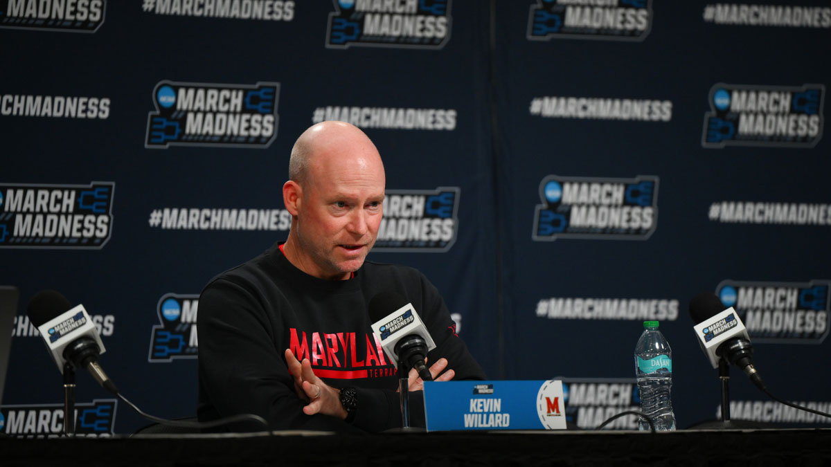 Maryland Terrapins head coach Kevin Willard speaks to the media before team practice at Climate Pledge Arena.