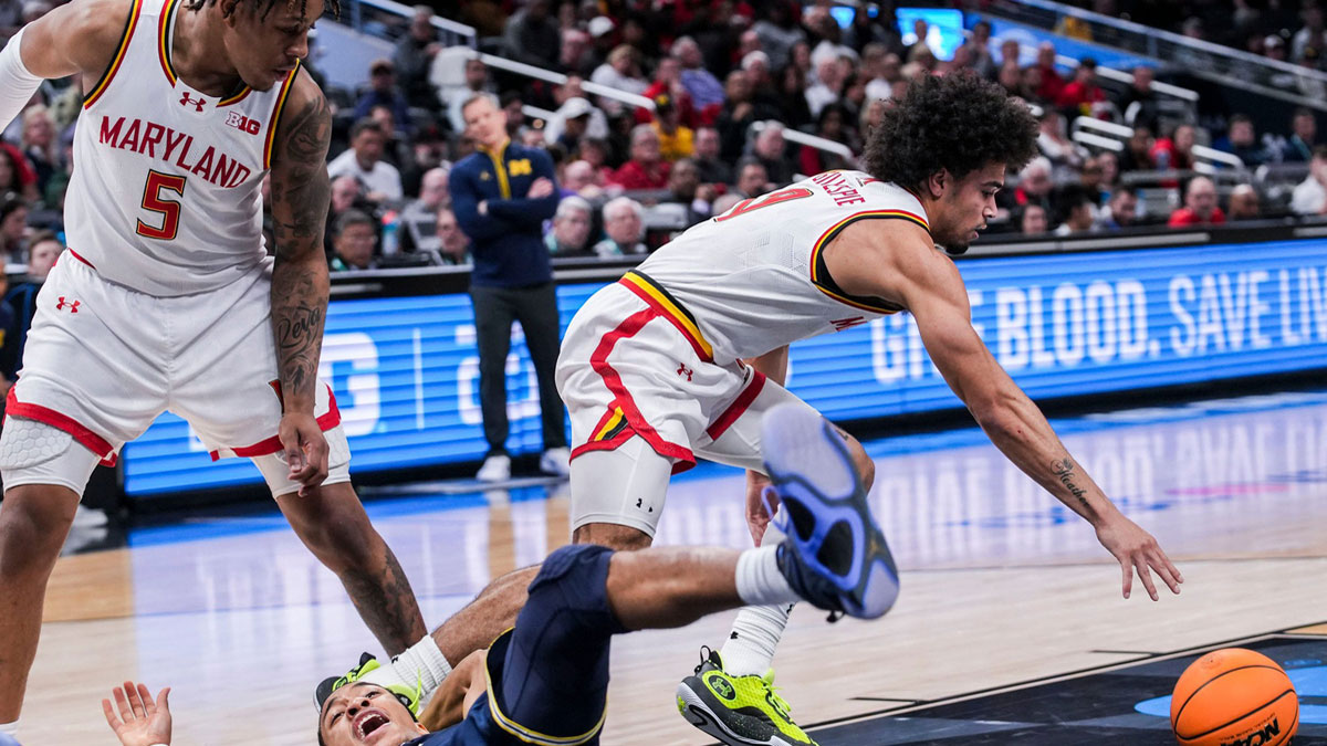 Maryland Terrapins forward Julian Reese (10) dribbles down the court Saturday, March 15, 2025, in a semifinals game at the 2025 TIAA Big Ten Men’s Basketball Tournament between the Michigan Wolverines and the Maryland Terrapins at Gainbridge Fieldhouse in Indianapolis. The Michigan Wolverines defeated the Maryland Terrapins, 81-80.