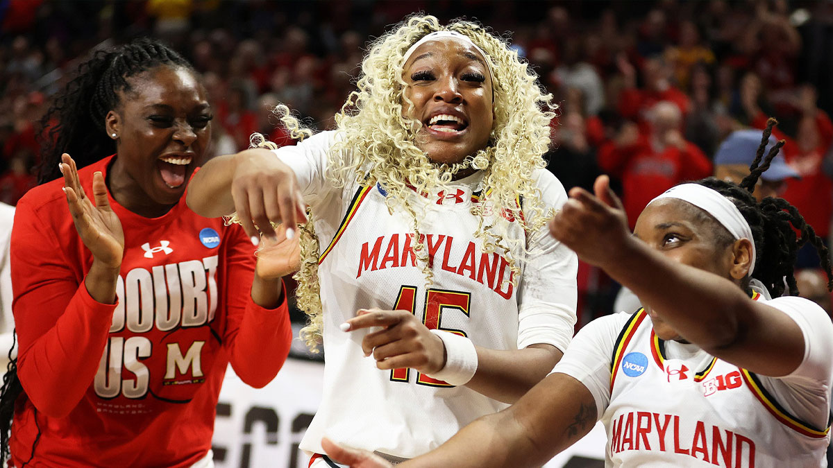 Maryland Terrapins forward Christina Dalce (15) and Maryland Terrapins guard Sarah Te-Biasu (1) celebrate after a game against the Alabama Crimson Tide.