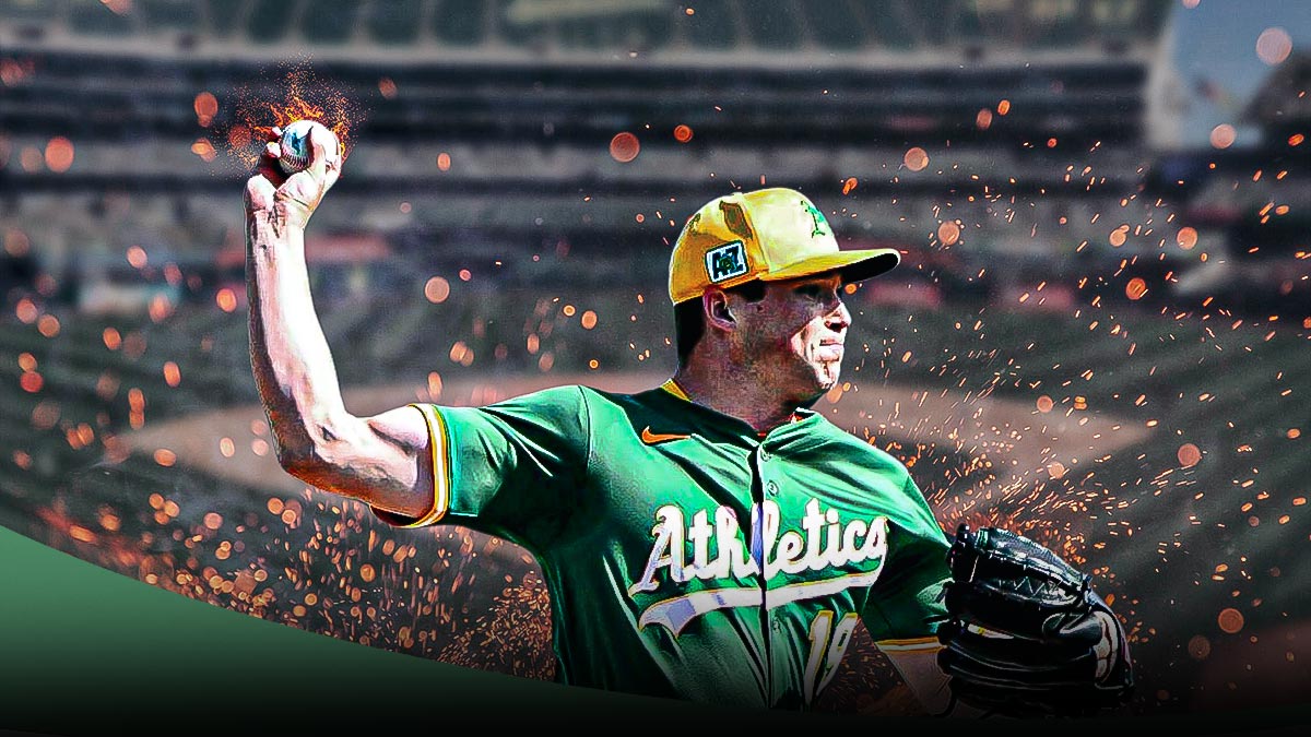 Photo: Mason Miller throwing a baseball with flames on it in Athletics jersey
