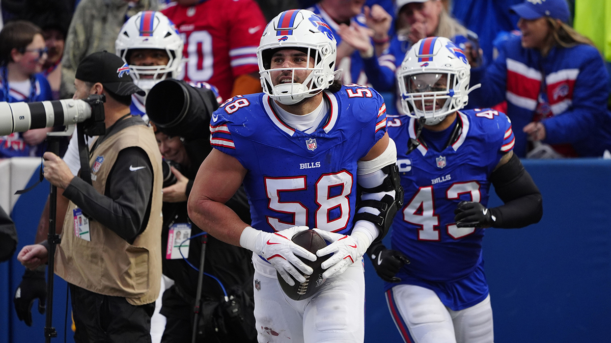 Buffalo Bills linebacker Matt Milano (58) after recovering a fumble against the New York Jets during the second half at Highmark Stadium.