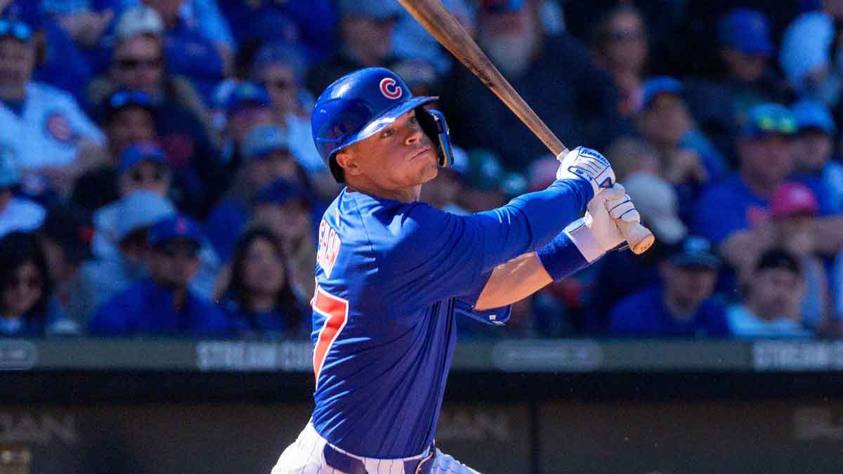 Mar 8, 2025; Mesa, Arizona, USA; Chicago Cubs infielder Matt Shaw (77) reacts while at bat in the bottom of the third during a spring training game against the Seattle Mariners at Sloan Park.