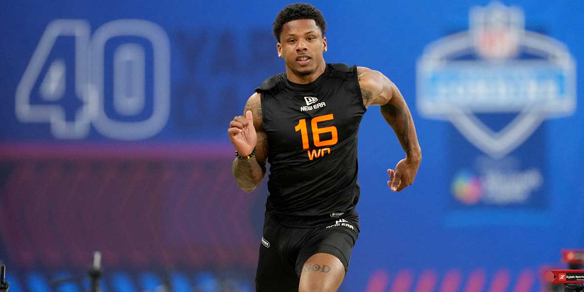 Texas wideout Matthew Golden (WO16) during the 2025 NFL Combine at Lucas Oil Stadium. Mandatory Credit: Kirby Lee-Imagn Images