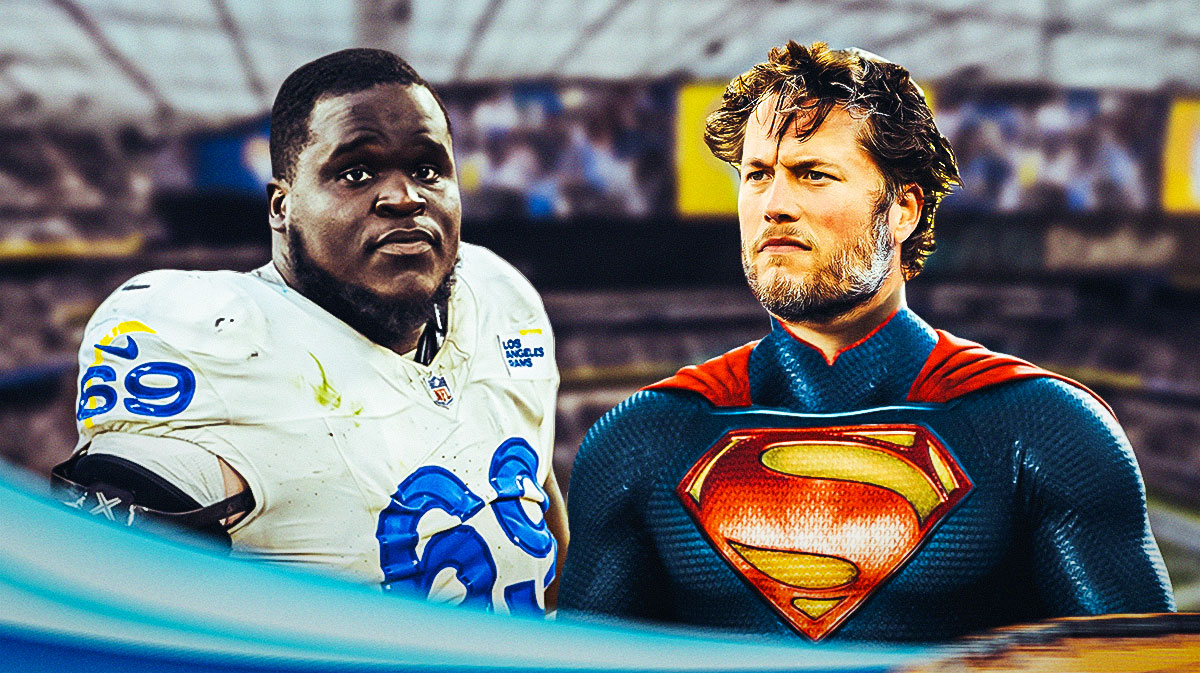 Matthew Stafford's face photoshopped on Superman's body and Rams offensive guard Kevin Dotson standing next to him.