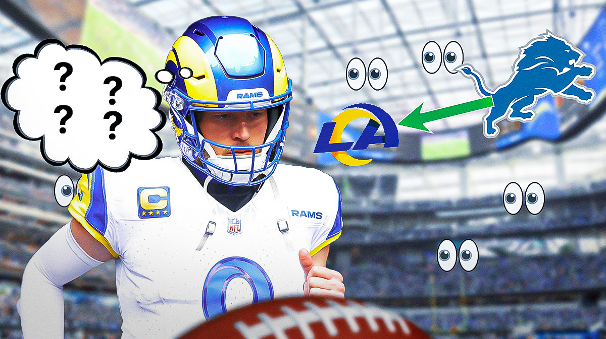 Rams QB Matthew Stafford with THOUGHT BUBBLE above his head with multiple question marks in it. Lions logo with arrow pointing to Rams logo in foreground. Multiple 👀 emojis in background. Background is SoFi Stadium.