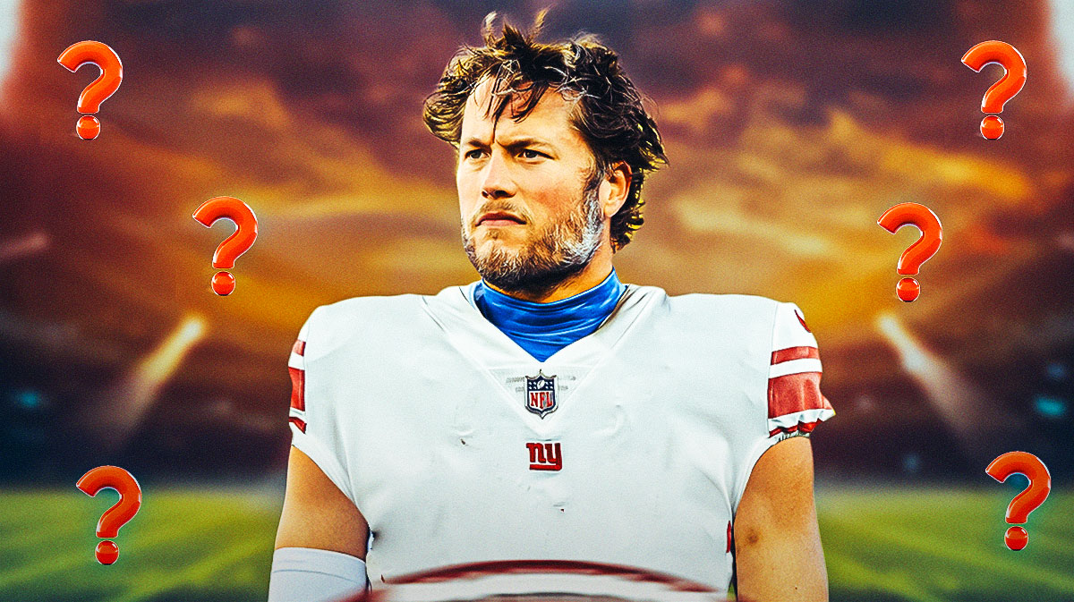 Matthew Stafford in a New York Giants jersey with question marks around him.