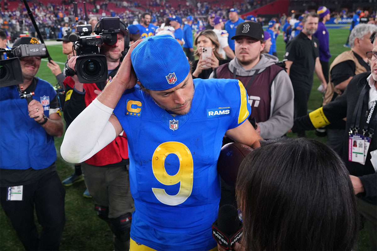 Los Angeles Rams quarterback Matthew Stafford (9) speaks to the media after the NFC wild card game against the Minnesota Vikings at State Farm Stadium.
