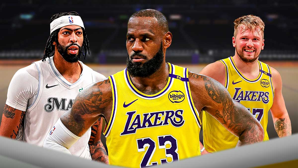 Photo: LeBron James looking at Anthony Davis in Mavericks jersey, Luka Doncic in Lakers jersey in background